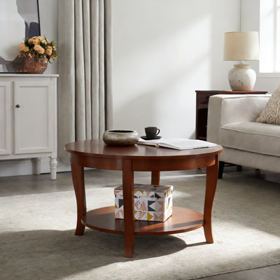 Traditional Round Coffee Table With Open Storage Shelf,2-Tier Storage Wood Center Circle Accent Table For Living Room, Bedroom, Apartment, Studio And Small Spaces, 30 X 30 X 18 Inches