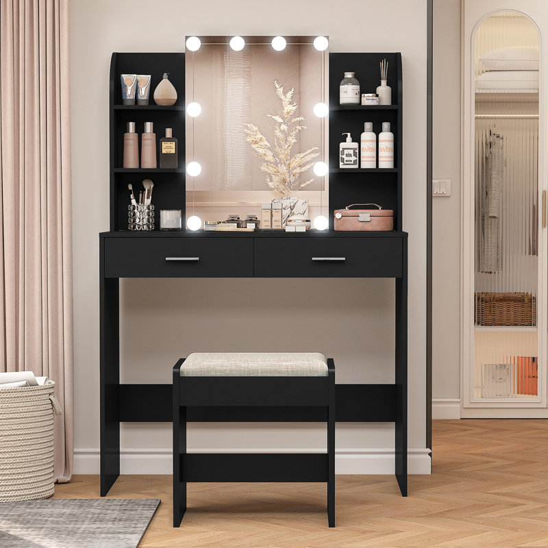Ensemble coiffeuse avec 2 tiroirs Victorene, Noir