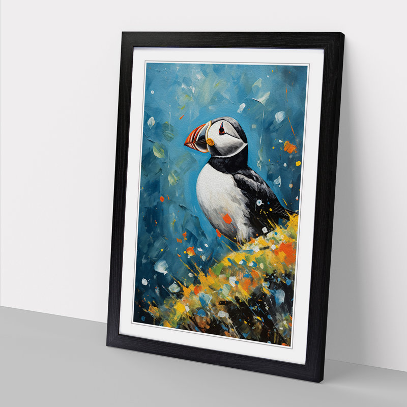 Puffin Action - Single Picture Frame Print on Wood, Black Framed, 64cm H x 46cm W x 2cm D