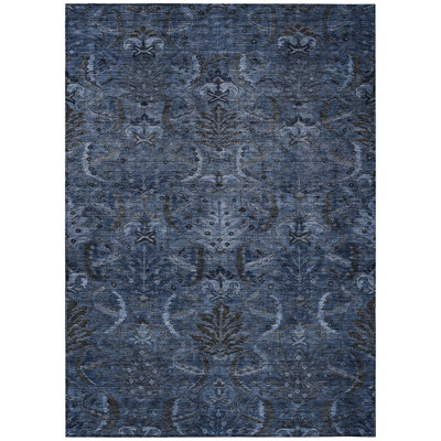 3' X 5' Navy Blue And Charcoal Damask Washable Indoor Outdoor Area Rug