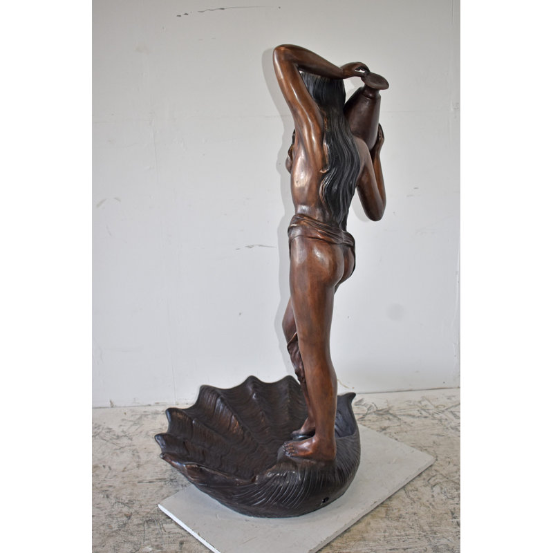 Lady Holds A Vase Standing on A Shell Bronze Fountain Size: 32" x 31" x 55"H