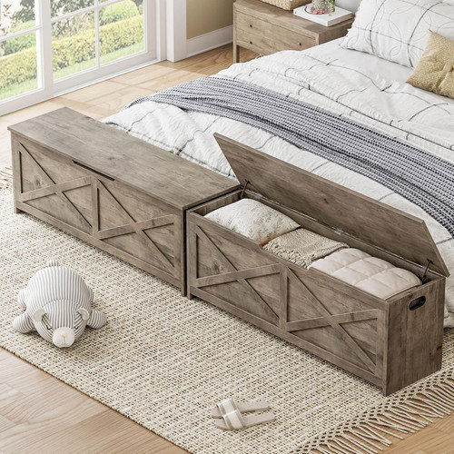 47.2" Wooden Storage Bench with Safety Hinges, Large Toy Chest for Entryway, Living Room & Bedroom, Light Brown
