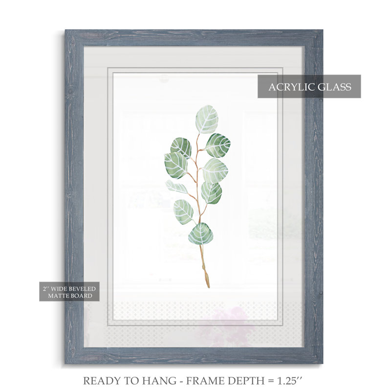 Douce branche d'eucalyptus III - Peinture encadrée sur papier, H 44 po x l 32 po x P 1,25 po, Encadré gris