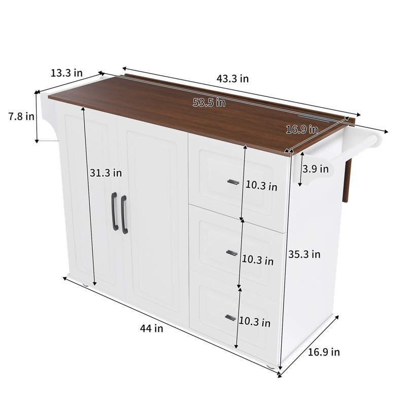 Îlot de cuisine blanc avec plateau rabattable et abattant, bar à roulettes mobile sur roulettes, trois tiroirs spacieux, armoires dissimulées, tablettes réglables pour station d'organisation pliable