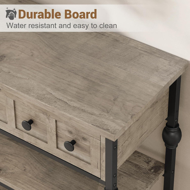 Console extra longue et étroite de 133 cm (52,5 po) avec 3 tiroirs, table basse industrielle pour canapé, rangement à 3 niveaux et pieds en métal
