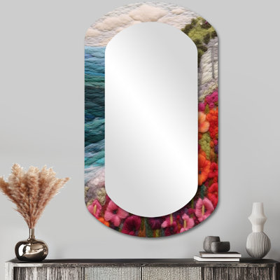 «Red Blossoming Mountain Flowers Beach Town broderie - miroir mural asymétrique unique plage, miroir cylindrique côtier, art imprimé en métal