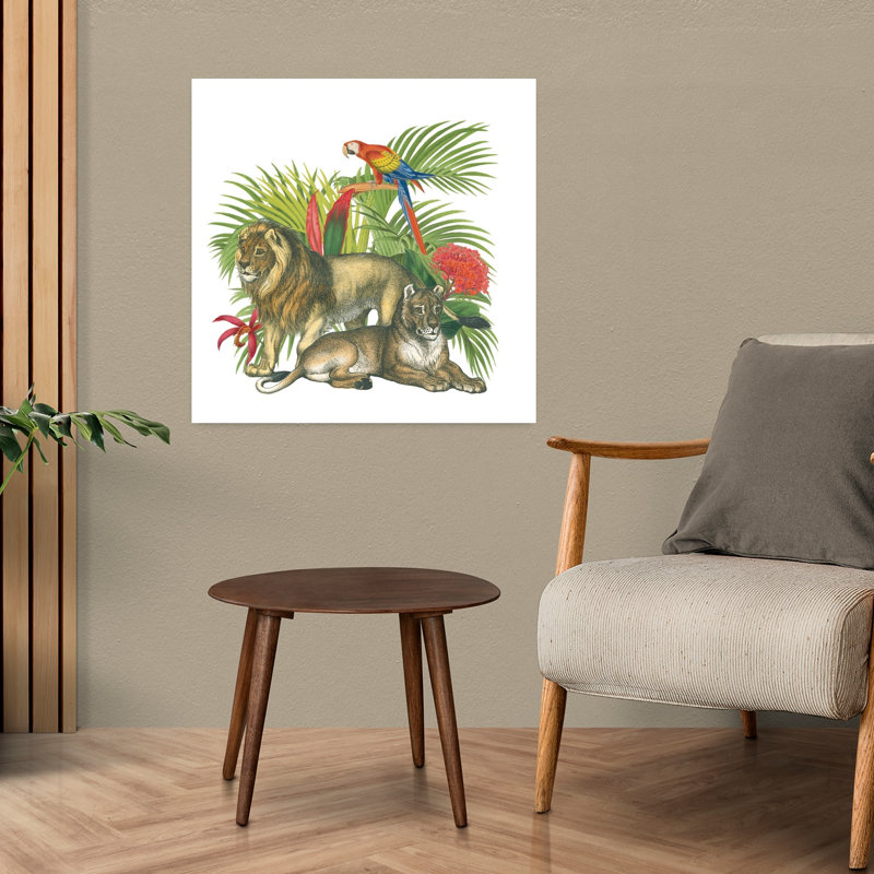 «In The Jungle II», rétro, rétro, oiseau, chat, lion, fleur, paysage, H 24 po x l 24 po