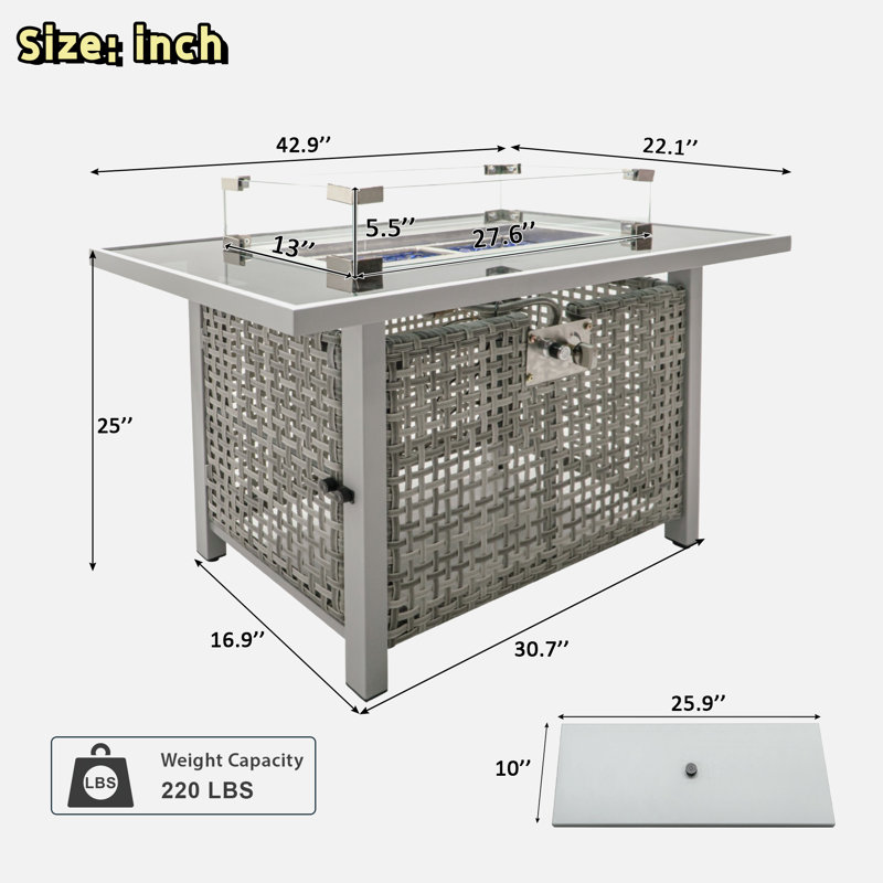 Propane Gas Fire Pit Table With Glass Wind Guard And An Open Basket-wave Patterned Wicker, Gray
