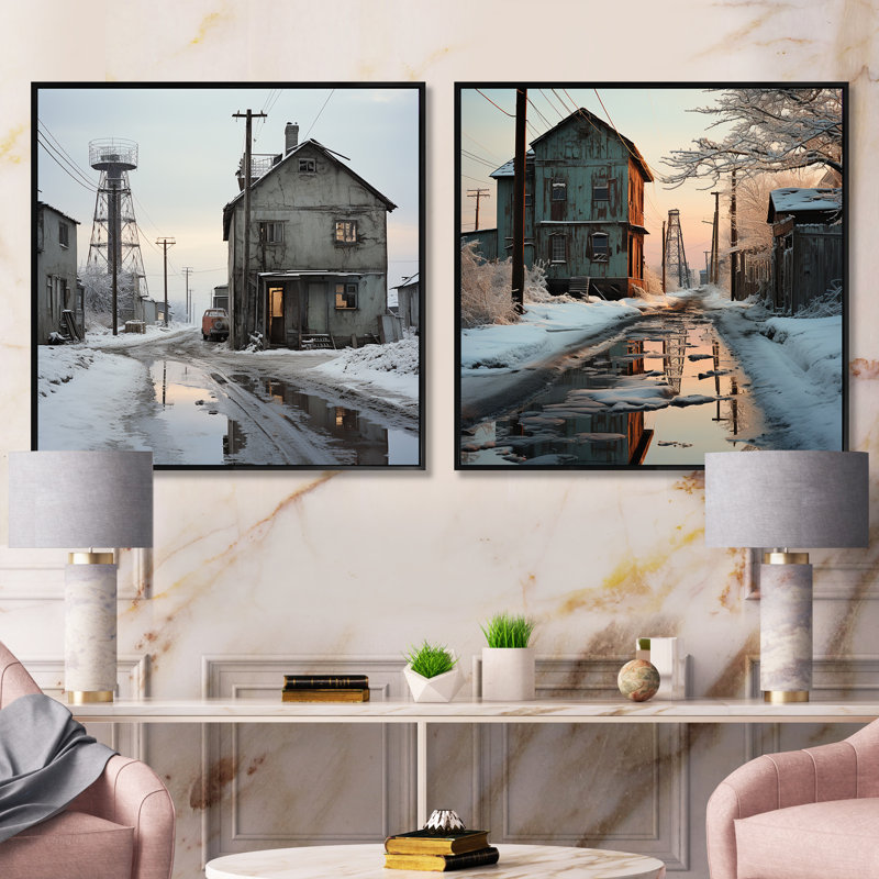 "Warehouse Winter Scenery" 2 pièces, Cadre flottant noir, H 36 po x l 73 po
