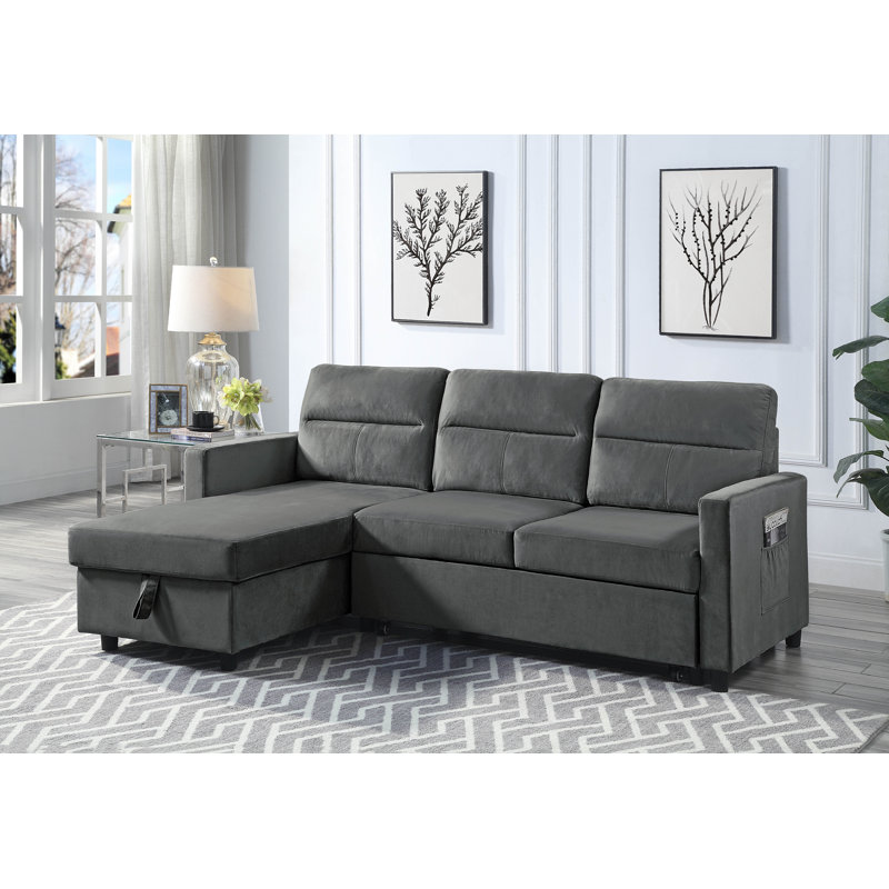 Dawnette Velvet L-Shaped Sectional Reversible, Dark Gray Velvet