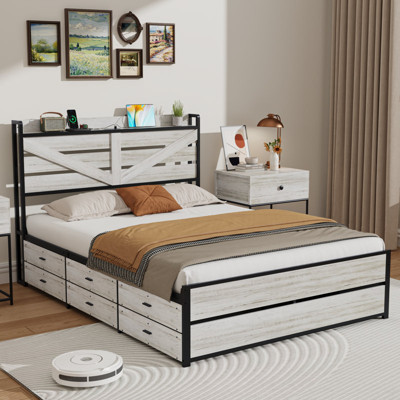 Modern Bed Frame with 12 Drawers and Open Storage Headboard,Charging Station,No Box Spring Needed, Queen, White