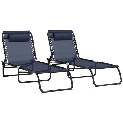 Outsunny Folding Chaise Lounge Pool Chair Set Of 2, Patio Sun Tanning Chair, Outdoor Lounge Chair W/ Reclining Back, Pillow, Breathable Mesh & Bungee Seat For Beach
