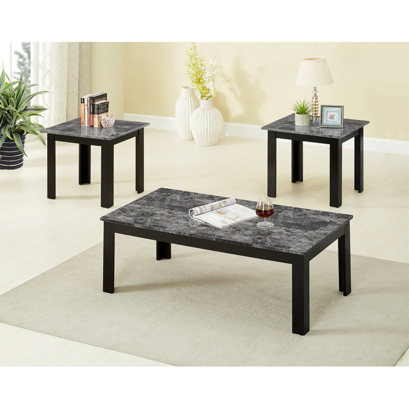 Ensemble de 3 pièces Table basse rectangulaire de style traditionnel Table de bout carrée Pieds en bois Finition noire Plateau en faux marbre 