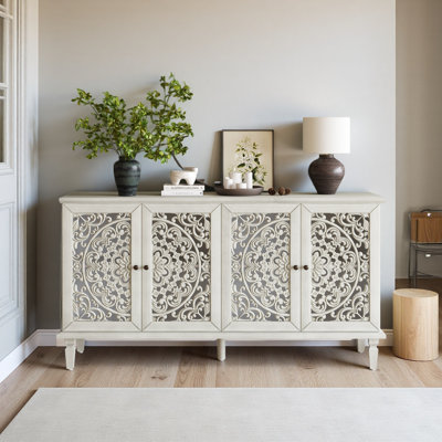 60" Antique Buffet Cabinet With Floral Carvings With Solid Wood Legs&Antique Brass Handles&Adjustable Shelves, TV Stand For 65''+ TV, Sideboard For Living Room,Dining Room