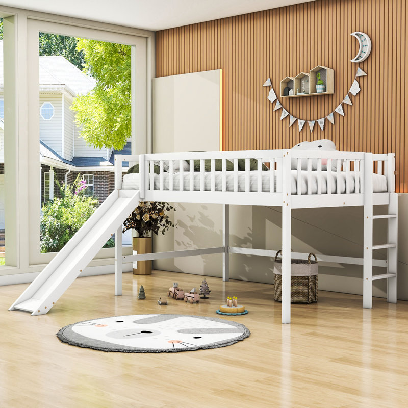 Lit mezzanine bas avec glissade, Double, Blanc