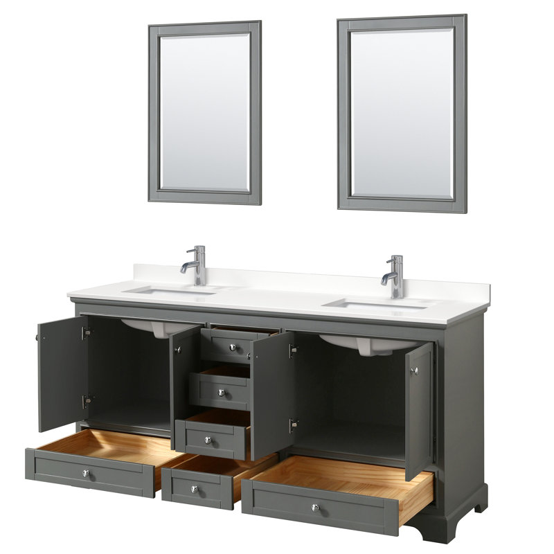 Meuble-lavabo double autoportant Deborah avec plateau en quartz, Quartz blanc, Gris foncé