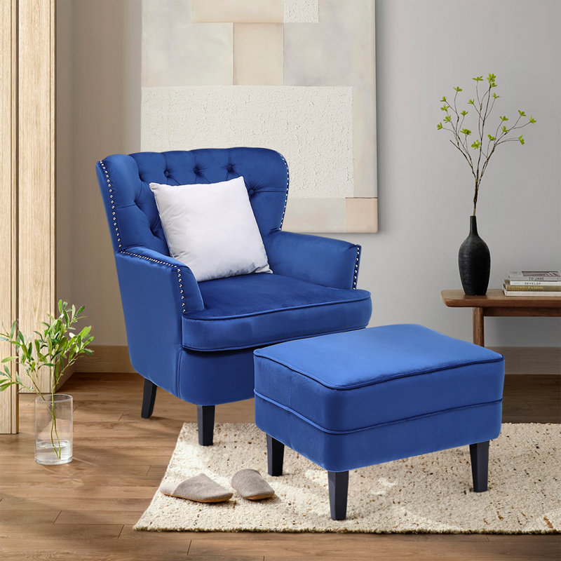 Medaryville Velvet Wingback Chair with Footstool, Blue