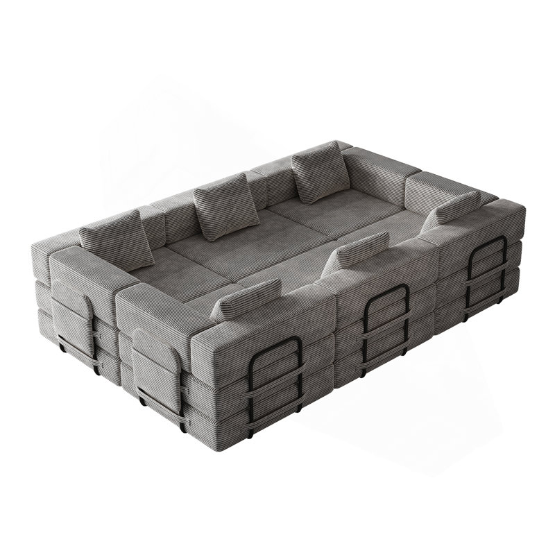 6-Seater Upholstered Sofa With Side Storage Pockets And Cushions For Living Room, Gray