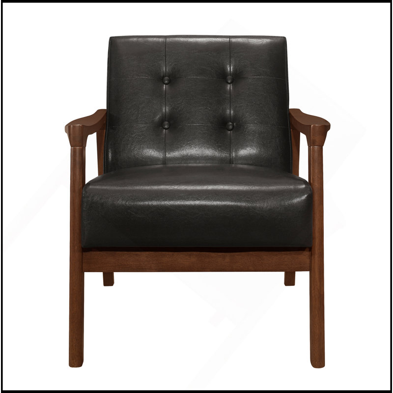 Accent Chair Button Tufted Upholstery Cushion Seat Mid-Century Modern Furniture Solid Rubberwood Frame 1Pc, Dark Brown