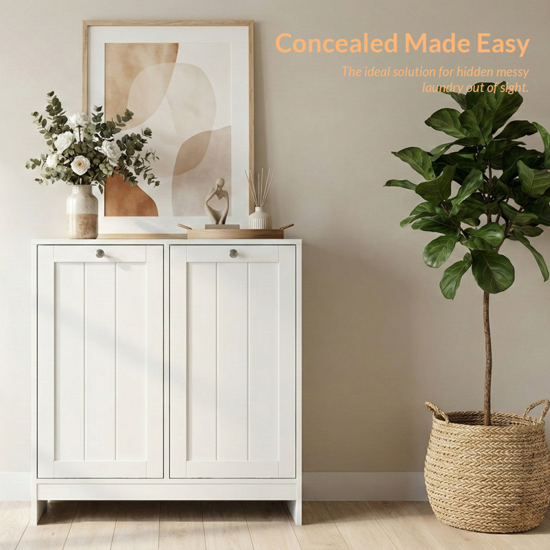 Tilt-out Laundry Hamper Cabinet w/ 2 Removable Baskets, Farmhouse Laundry Room Organizer, White