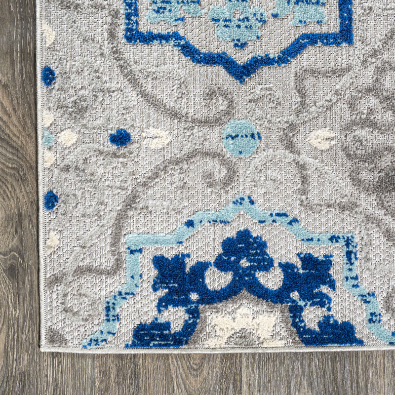 Leto Medallion Blue/Gray Indoor/Outdoor Rug, Runner 2'3" x 10'