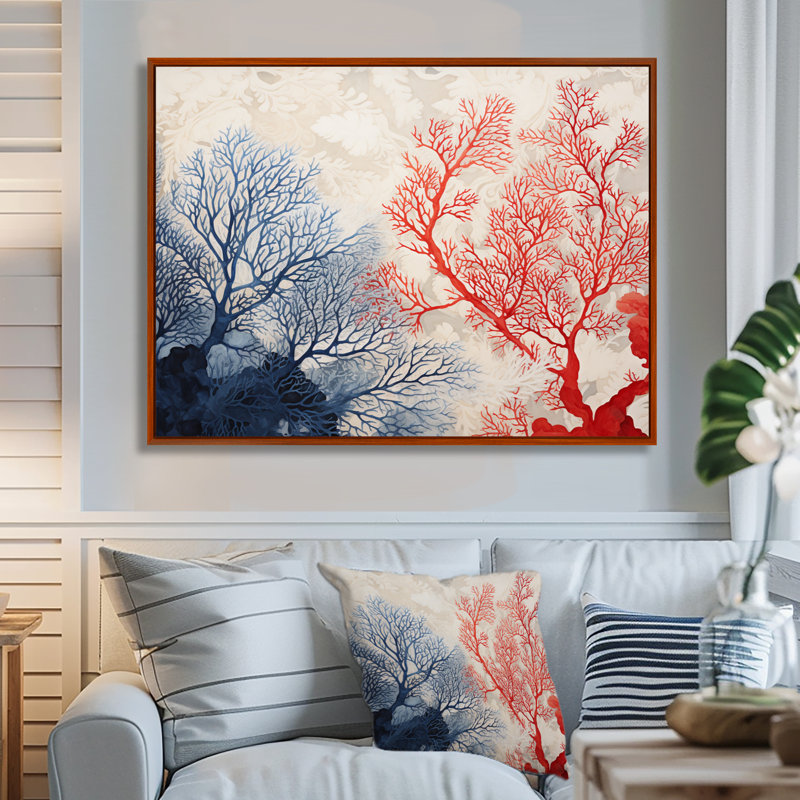 Rouge et bleu océan profond corail Illustration rétro - art mural corail, Cadre flottant noir, H 12 po x l 20 po