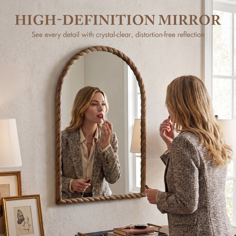 Montra Brown 24"W x 36"H Arched Wood Wall Mirror with Braided Rubber Frame, Brown