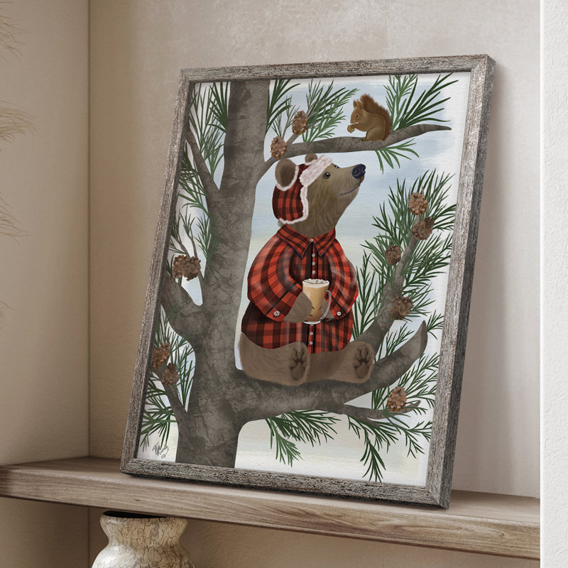 Lumberjack Bear Pine Tree Coffee Break Framed Print - Solid Wood