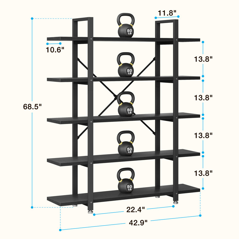 Garrison 69"H x 43"W 5-Tier Wood Vintage Industrial Etagere Bookcase, Black, (5 Shelves) 69.09"H x 42.91"W x 11.81"D
