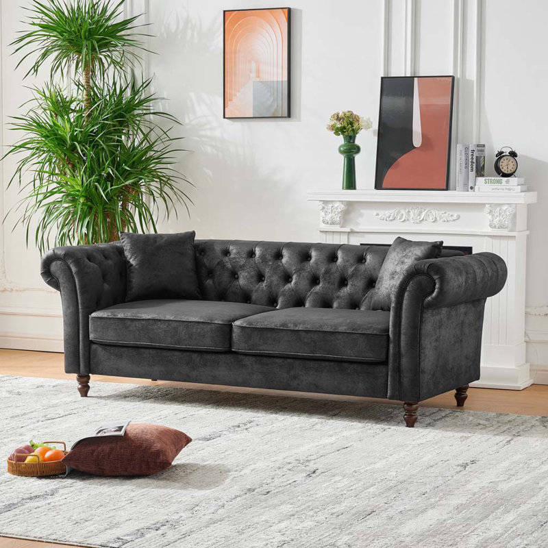Canapé Chesterfield Lunell avec confort moelleux, tissu technique durable, 3, H 29 po x l 80,5 po x P 33 po, Noir