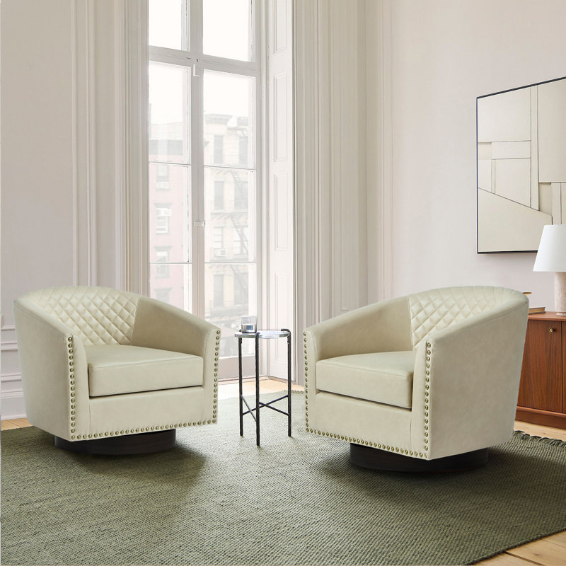 75.2Cm Wide Tufted Swivel Barrel Chair, Beige Faux Leather