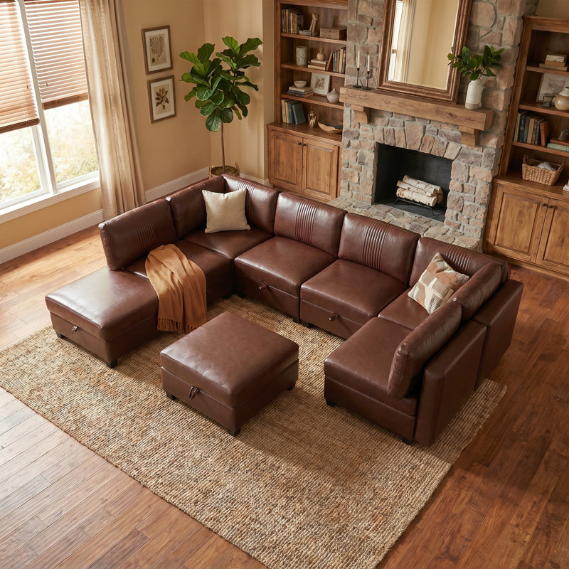 Canapé convertible avec rangement, Dark Brown Faux Leather, 35.4" H x 128.35" W x 87.4" D