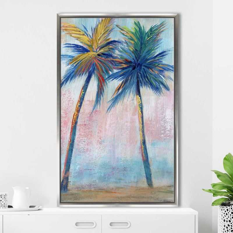 Color Pop Palms II par Nan - Peinture, Cadre flottant argent, H 51,5 po x l 31,5 po x P 2 po