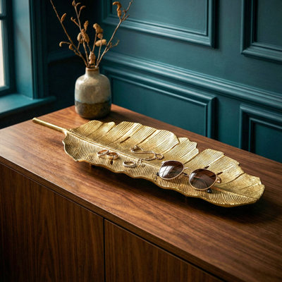 Leaf-Shaped Aluminium Decorative Bowl with Stem Handle, Silver