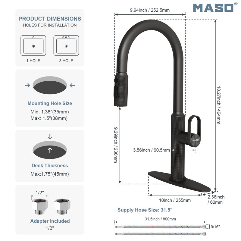 Robinet de cuisine MASO avec pulvérisateur rétractable, 3 modes de pulvérisation, robinet d'évier à poignée simple pour cuisine, véhicule récréatif, buanderie et bar, acier inoxydable 304, noir mat