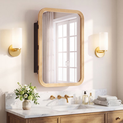 24x36in Medicine Cabinet, Bathroom Mirror Cabinet with Storage, Wall-Mounted or Recessed, Solid Pine Wood Frame with Powder-Coated Metal Cabinet and Tempered Glass Mirror, Natural Oak