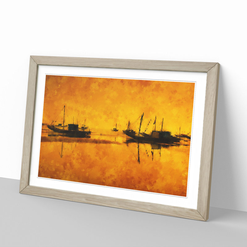 Fishing Boats at Sunset - Framed Print, 48cm H x 65cm W x 2cm D, Oak Framed