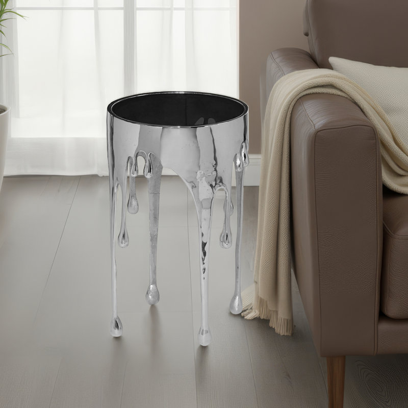 Capri 24.75" Round Glass Top Side End Table, Silver Accent Table with Melting Drip Design Base, Silver
