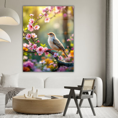 Cherry Blossom Bird Tempered Glass Wall Art