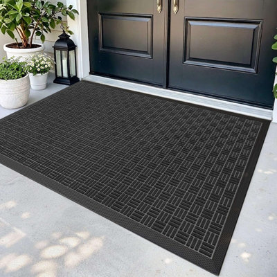 Paillasson d'entrée en caoutchouc noir robuste, tapis de bienvenue antidérapant avec texture à rainures profondes pour une utilisation intérieure et extérieure