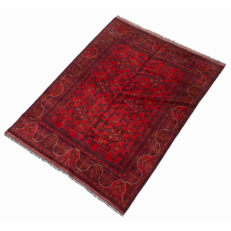 Tapis rouge en laine noué à la main de conception unique 4 pi 10 po x 6 pi 2 po Inus