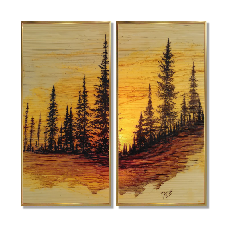 «Winter Sunset In Alaska Forest», reproduction d'art sur toile, décor de paysage noir 2 pièces, Cadre flottant, Doré