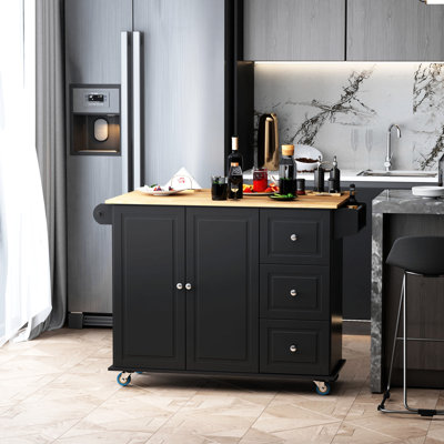 Îlot de cuisine mobile avec abattant, chariot de rangement sur roulettes, porte-serviettes / épices, 3 tiroirs, armoire 2 portes, noir