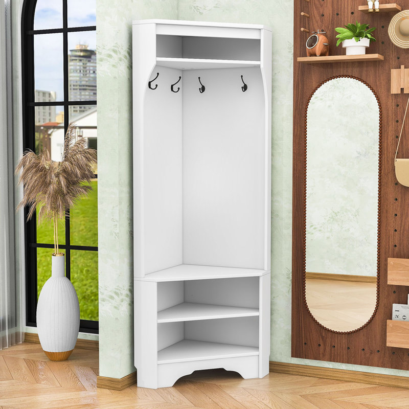 Minimalist Corner Hall Tree with Adjustable Shoe Shelf, Hanging Hooks, White