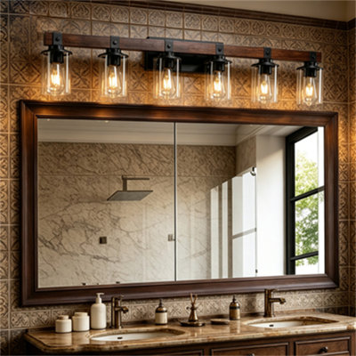 Applique murale en bois et métal noir avec abat-jour en verre clair Farmhouse
