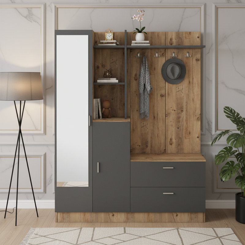Modern Hall Tree With Mirror, Storage Cabinets, And Coat Hooks, Atlantic Pine/Anthracite
