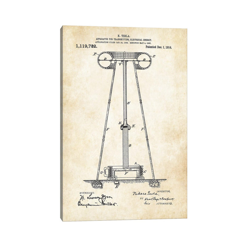 Nikola Tesla Electrical Tower by Patent77 - Wrapped Canvas Print, 20.32 cm H x 30.48 cm W