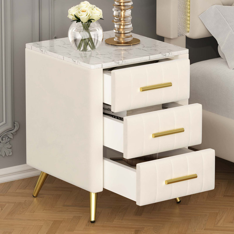 Upholstered Wooden Nightstand With 3 Drawers And Metal Legs&Handles, Bedside Table With Marbling Worktop, Beige