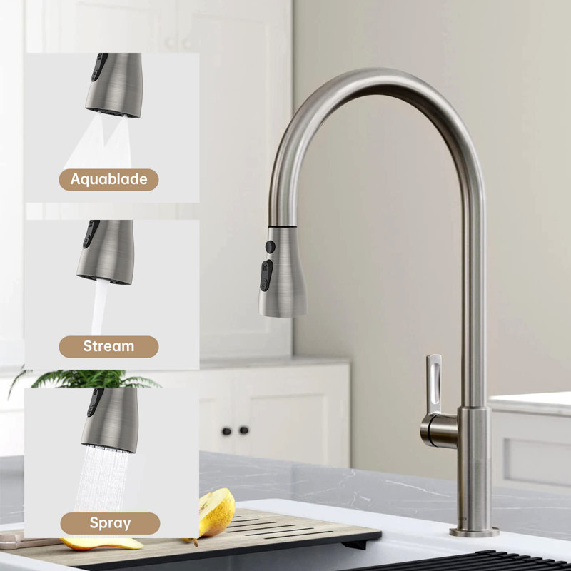 Tête de robinet de cuisine rétractable pour robinet de cuisine, 3 modes et 7 adaptateurs au fini nickel brossé