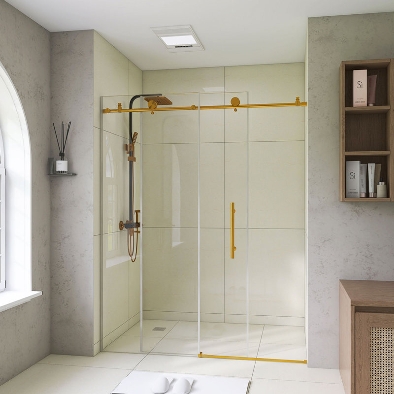 56-60" W × 76" H Premium Frameless Sliding Shower Door – 1/4"(6mm) Tempered Glass With Explosion-Proof Film, Stainless Steel Handle, Brushed Gold Finish, Modern Minimalist Design